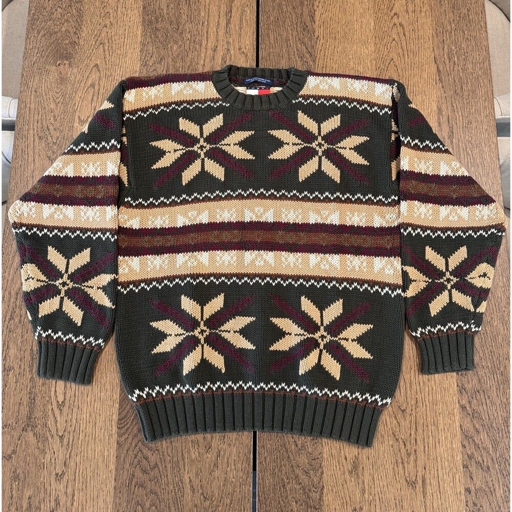 Vtg 90's Tommy Hilfiger Knit Nordic Fisherman Sweater Men’s Sz L Hunter Green